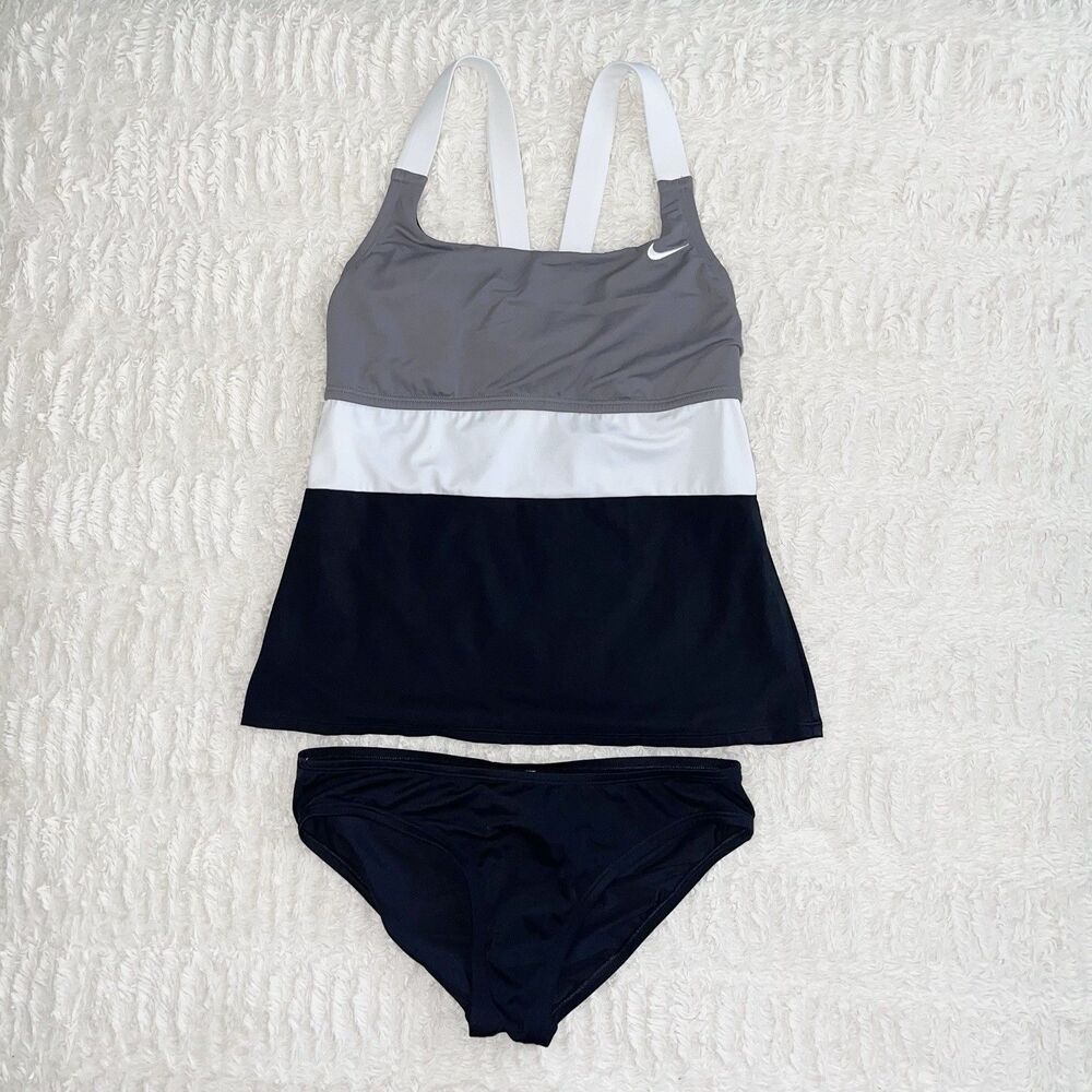 Nike Swimsuit Two Piece Tankini Size M Black Gray White Halter Straps Colorblock